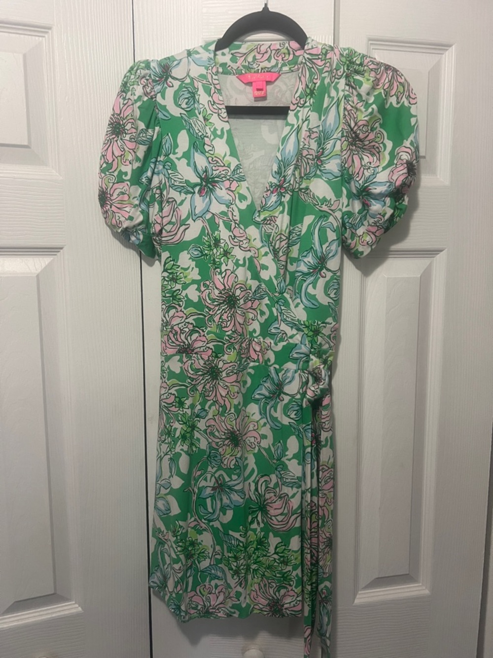 Green Floral Wrap Dress with Puff Sleeves — Brand: Lilly Pulitzer